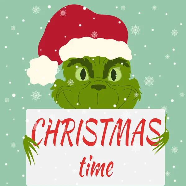 İçinde Noel karakteri olan bir kış çizimi, elinde tabela tutan bir grinch ve Noel zamanı yazılı bir yazı. Çocuksu çizgi film karakterli Noel arkaplanı. Tebrik kartları, posterler, afişler için tasarım 