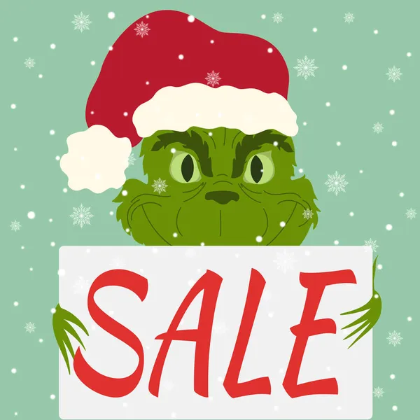 İçinde Noel karakteri olan kış resimleri, Grinch tabelası ve yazıt satışı. Çocuksu çizgi film karakterli Noel arkaplanı. Tebrik kartları, posterler, afişler ve mevsimlik tasarımlar için tasarım