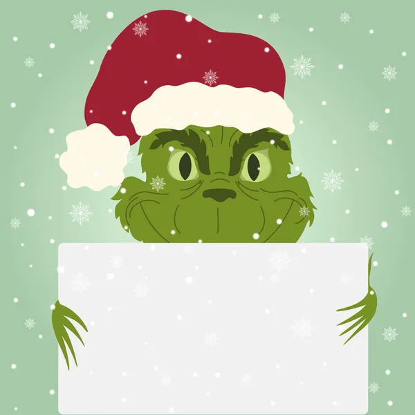 Noel karakterli kış çizimi, Grinch 'in elinde bir yazı var. Çocuksu çizgi film karakterli Noel arkaplanı. Tebrik kartları, posterler, afişler ve mevsimlik tasarımlar için tasarım