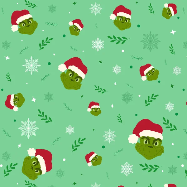 Kusursuz Noel geçmişleri, grinch desenleri, Holly, yeşil arka planda Noel unsurları. Yeni yıl çizgi film karakteri. Kağıt ambalajı, tebrik kartları, posterler, kartpostallar, damgalanmış ambalajlar, kumaş baskısı, duvar kağıdı vs. için mevsimsel tasarım.