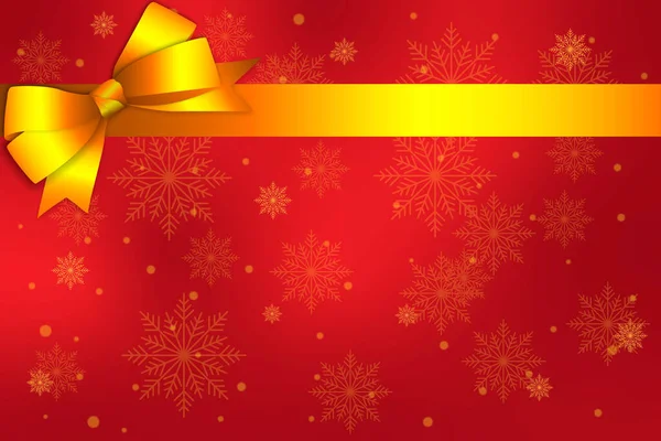 Kar taneleri ile kırmızı arkaplan, bokeh ışıkları efekti, altın yay ve altın kurdele, arka plan, vektör