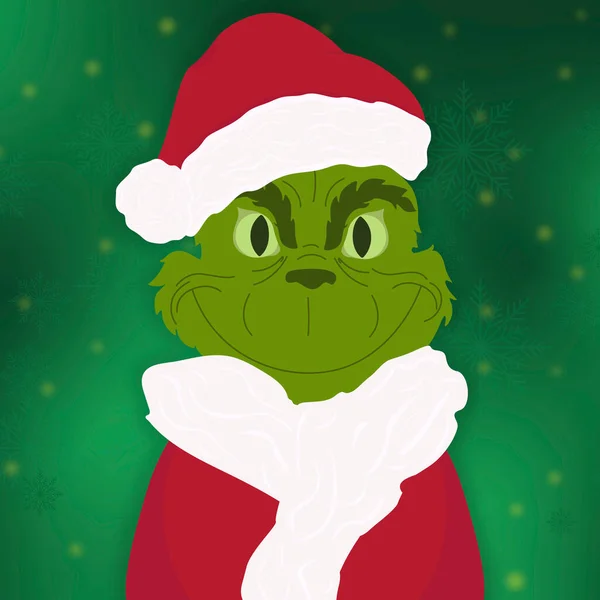 Grinch Noel Baba gibi giyinmiş, nazik Grinch, kartaneli ve karlı yeşil arka planı olan çizgi film karakteri, pankart, kartpostal, yeni yıl tebrik kartı, noel kartı, vektör