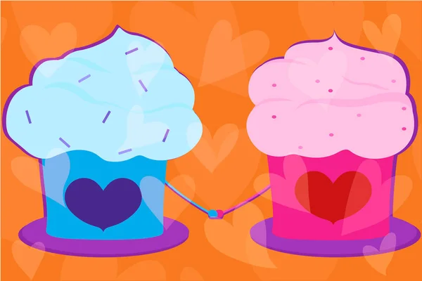精美的插图与纸杯蛋糕 男孩和女孩纸杯蛋糕 情人节 可爱的插图 — 图库矢量图片