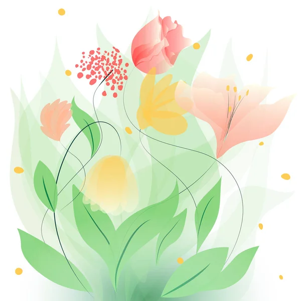 Delikatne Ilustracja Kwiatami Liśćmi Kolorowe Kwiaty Wiosna Ilustracja — Wektor stockowy
