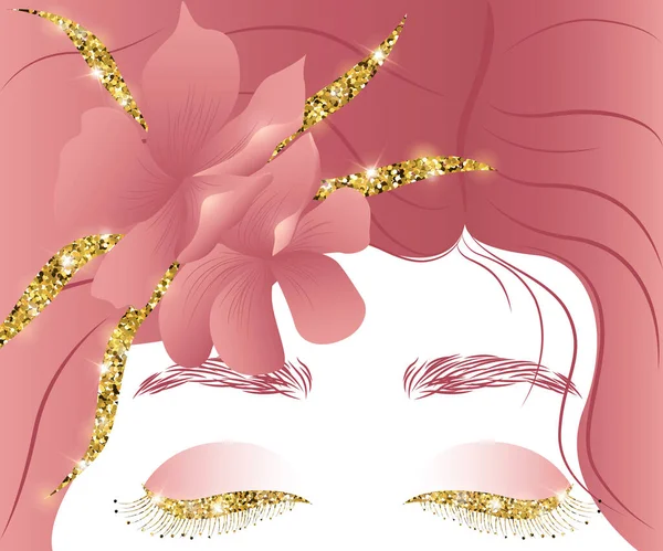 Нежная Иллюстрация Девушки Длинными Ресницами Цветами Волосах Иллюстрация Золотыми Элементами — стоковый вектор