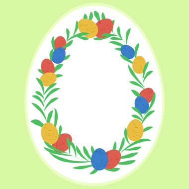 Renkli Paskalya yumurtaları, boyanmış Paskalya yumurtaları, yazılı Paskalya yumurtaları dekoratif ipliklere asılı Paskalya yumurtaları, yaprak dekoru, açık yeşil arka plan.