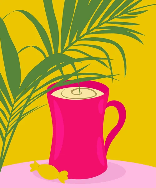 Чашка Кофе Стоит Столе Конфеты Рисунок Кофе Растение Декора Тропический — стоковый вектор