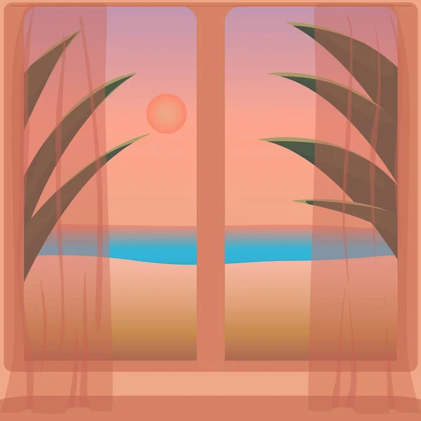 Krajina Výhledem Okna Pláž Moře Západ Slunce Tropickými Palmovými Listy — Stockový vektor