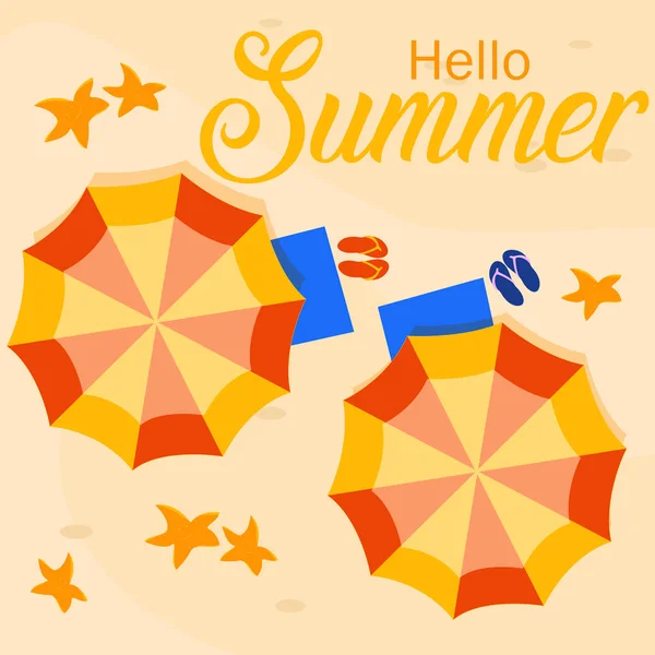 Hello Summer Summer Illustration Beach Umbrellas Beach Slippers Sand Smiling — ストックベクタ