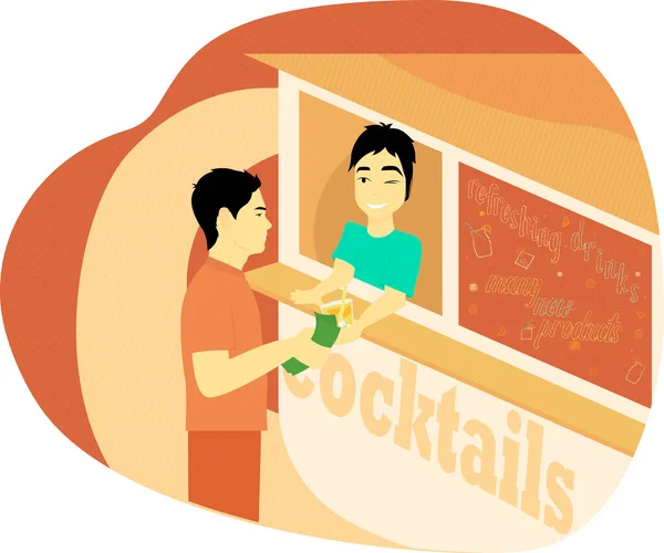 夏の冷たい飲み物 10代のための夏のパートタイムの仕事 明るい夏のイラストでストール — ストックベクタ