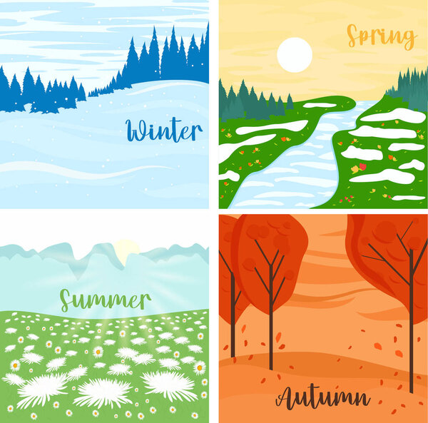 A series of illustrations, 4 seasons, landscapes, nature, seasons. 4 vector illustrations