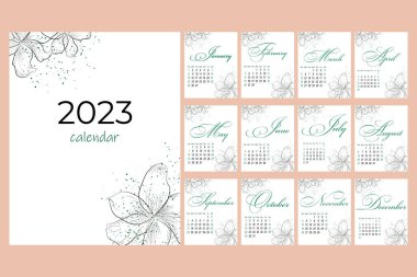 Calendar 2023, minimalism, flowers linear sketch, calligraphy and decor with abstract splashes clipart