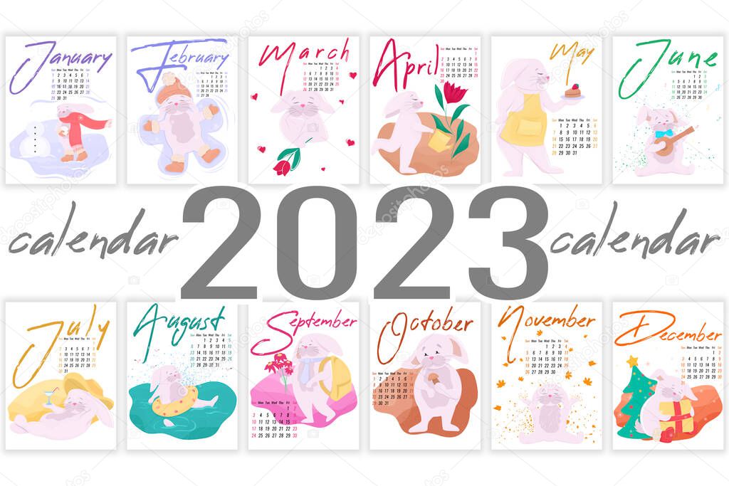 Vertical Calendar with illustrations of rabbits for each month of the year, calendar for 2023, monthly calendar with cute drawings of a character doing different actions