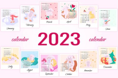 Yılın her ayı için tavşan çizimleri olan kare takvimler, 2023 takvimi, içinde şirin tavşan çizimleri olan aylık takvim, çizgi film karakteri, şirin çocuk çizimleri, vektör.