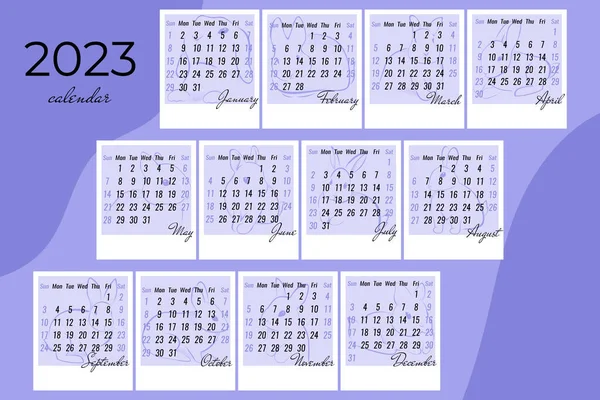 Kalendáře Hranatých Karet Siluetami Králíků Pozadí Každý Měsíc Samostatných Kartách — Stockový vektor