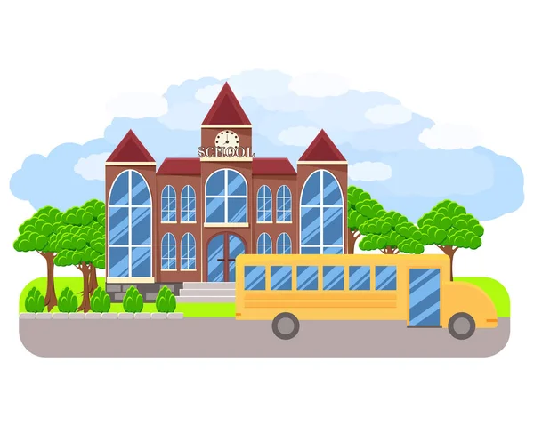 School Building School Bus Manicured Plants School Clipart Sticker School — Stockvektor