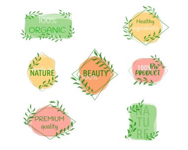 Vector set of labels, logos, design elements for natural and organic products with decorative geometric frames