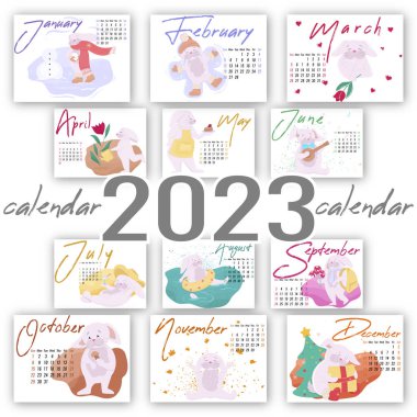 Horizontal Calendar with illustrations of rabbits for each month of the year, calendar for 2023, monthly calendar with cute drawings of a character doing different actions