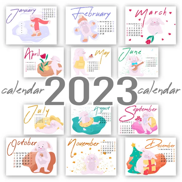 Horizontal Calendar with illustrations of rabbits for each month of the year, calendar for 2023, monthly calendar with cute drawings of a character doing different actions