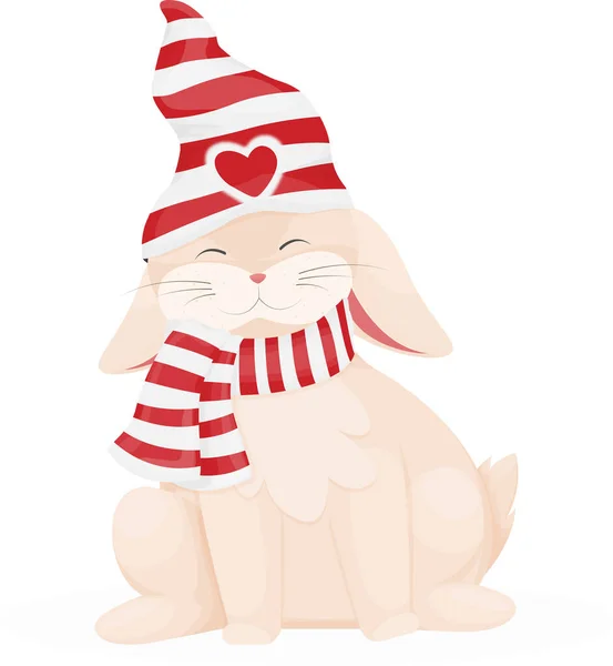 Симпатичный Кролик Иллюстрация Улыбающимся Зайцем Шляпе Шарфе Стиль Рисунка Персонажа — стоковый вектор