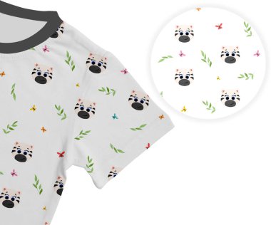 Children's pattern with a cute Zebra pattern, animal muzzle, children's pattern with butterflies and leaves