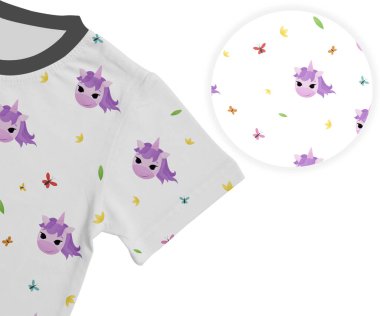 Children's pattern with a cute unicorn pattern, animal muzzle, children's pattern with butterflies and leaves