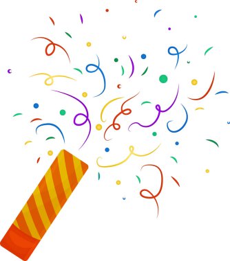 Doğum günü veya başka bir bayram için konfetili şenlik çıkartması, kart, pankart, poster tasarımı, tasarım için parlak vektör illüstrasyonları