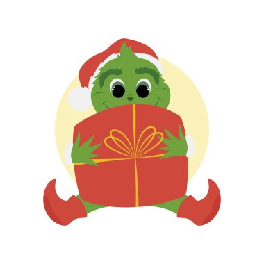 Gülümseyen bir grinch 'in parlak bir çizimi, bir hediye, bir Noel karakterinin 4 sevimli çizimi
