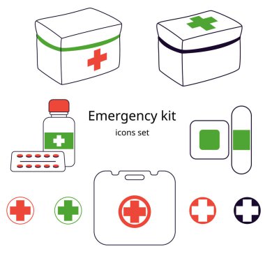 Acil durum kiti - tıbbi malzemeler, simgeler, acil durum kiti içeriği, vektör