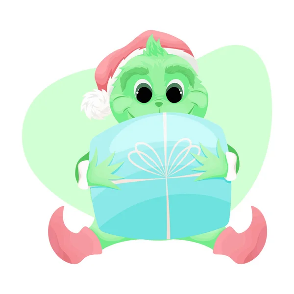 Grinch Avec Cadeau Illustration Couleurs Claires Personnage Noël Mignon — Image vectorielle