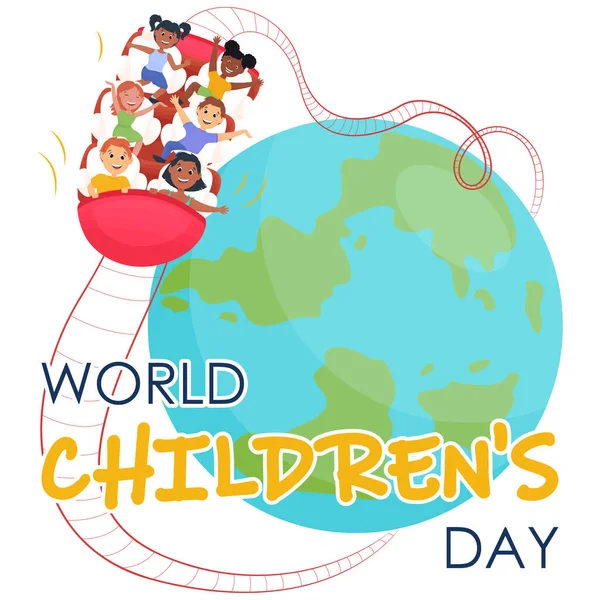 Днем Защиты Детей Иллюстрации Счастливых Детей Катающихся Аттракционах Плакат Празднованию — стоковый вектор