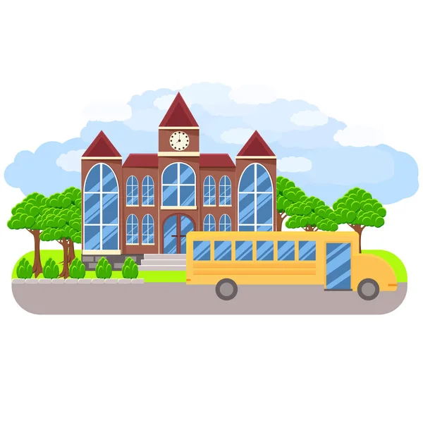 Edificio Escolar Con Autobús Escolar Plantas Cuidadas Alrededor Escuela Clipart — Vector de stock