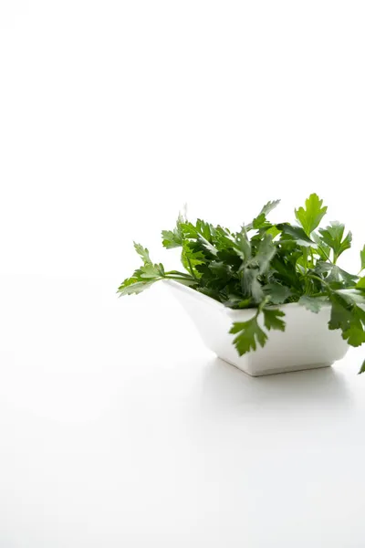 Masadaki beyaz tabakta taze yeşil maydanoz