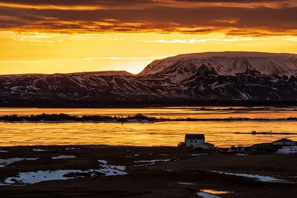Λίμνη Myvatn Κατά Την Ανατολή Του Ηλίου Χειμώνα Ισλανδία — Φωτογραφία Αρχείου