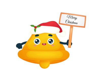 Noel Baba şapkalı Noel tabelası taşıyan şirin çan. Mutlu noeller illüstrasyonu. Premium Vektör.