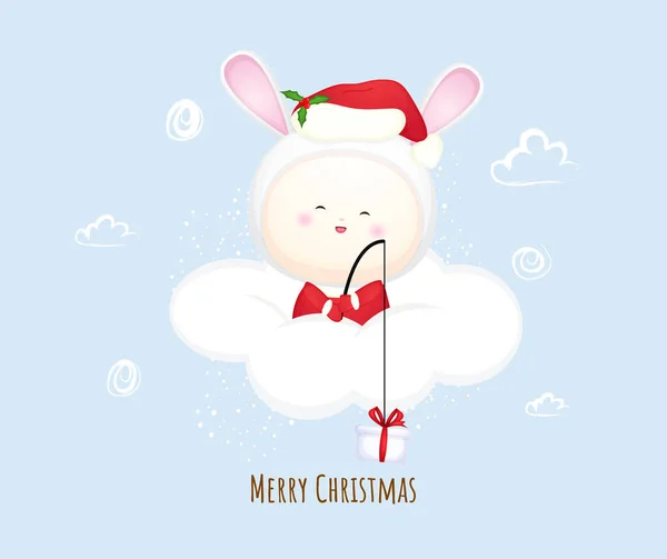 Симпатичный Маленький Санта Облаке Веселого Рождества Иллюстрация Талисмана Кролика Premium — стоковый вектор