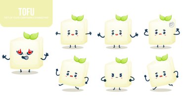 Farklı pozlarda sevimli tofu çizgi film karakterleri
