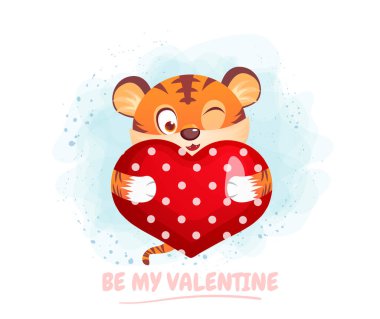 Sevgililer Günün kutlu olsun, tatlı kaplan kalp çizgi film karakterine sarılıyor. el çizimi çizgi film karakteri