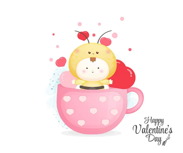 День Святого Валентина Милой Пчелкой Декоративной Кружке — стоковый вектор