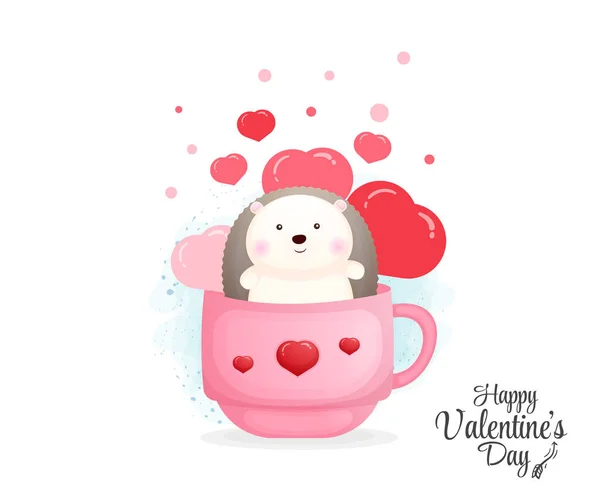 День Святого Валентина Милым Ежом Декоративной Кружке — стоковый вектор