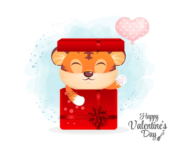 Šťastný Valentýn Roztomilým Tygrem Drží Srdce Balón Červené Dárek Kreslený — Stockový vektor