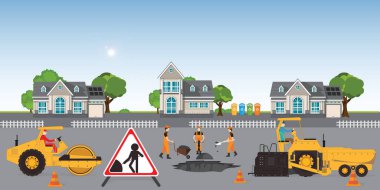 Yol yapım aşamasında. İşçiler asfaltı değiştirip yol yüzeyini onarıyor. Yol silindiri kaldırımı sokakta yapıyor. düz biçim tasarım Vektör illüstrasyonu.