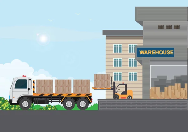 Loading Truck Packed Goods Industrial Warehouse Forklift Truck Freight Transportation — Wektor stockowy