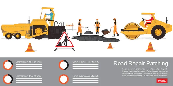 Workers Change Asphalt Isolated White Repair Road Surface Road Roller — Wektor stockowy