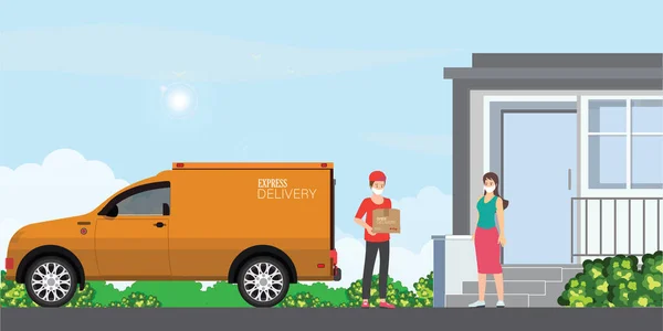 Service Livraison Rapide Avec Livreur Camion Client Gardant Une Distance Illustrations De Stock Libres De Droits
