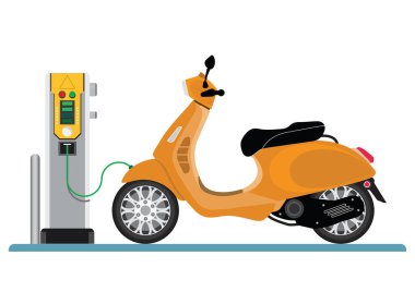 Elektrikli scooter şarj istasyonunda pilleri şarj ediyor. Elektrikli scooter ve şarj istasyonu beyazla izole edilmiş. Eco City Taşımacılık. vektör illüstrasyonu.