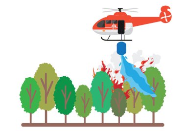 Helikopter yangın söndürücüleri orman yangınıyla mücadelede tehlikeli orman yangınında, ağaçlar yanarken doğal afetle savaşırken, konsept yoğun turuncu alevler yatay, vektör illüstrasyonunda.