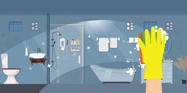 Sarı eldivenli el, süngerli kirli banyo içini mobilya, tuvalet banyosu ve aksesuarlarla modern tarzda yıkıyor. Düz vektör illüstrasyonu.