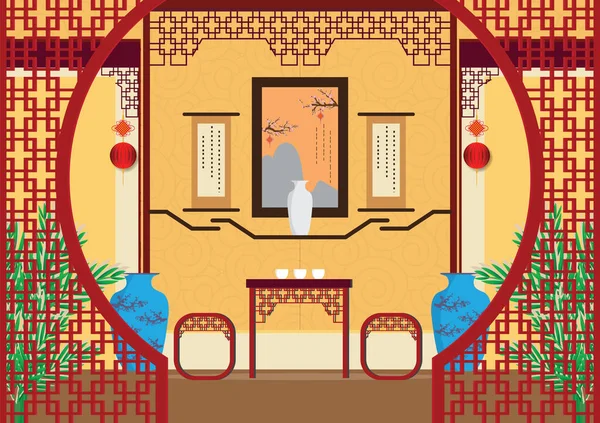 Fond Intérieur Moderne Salon Chinois Avec Des Meubles Illustration Vectorielle — Image vectorielle