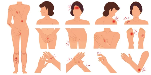 身体の痛み女性は 白い背景に隔離された病気や怪我によって引き起こされる物理的な傷害フラットセットを部品 乳房検査女性の腹部健康の概念図ベクトル図 — ストックベクタ